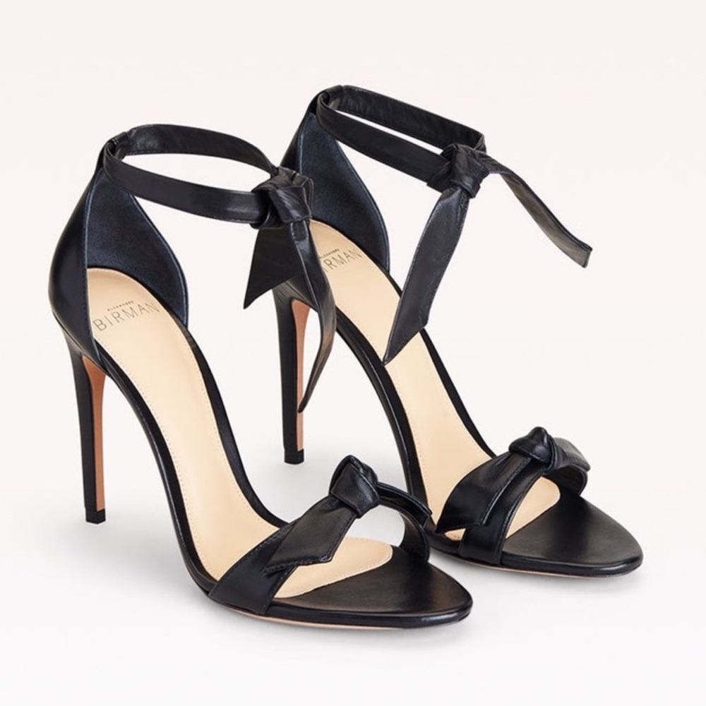 ALEXANDRE BIRMAN Clarita 90 Black Bow Leather Ankle Tie Open Toe Heels - Picture 1 of 9